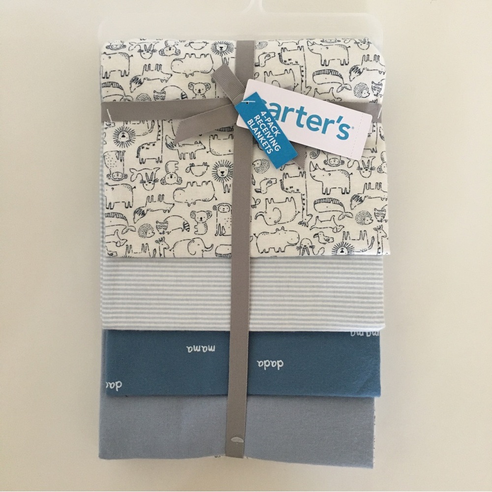 NEW Carter’s 4 Receiving Blankets  Newborn Baby Blue White Variety Patterns